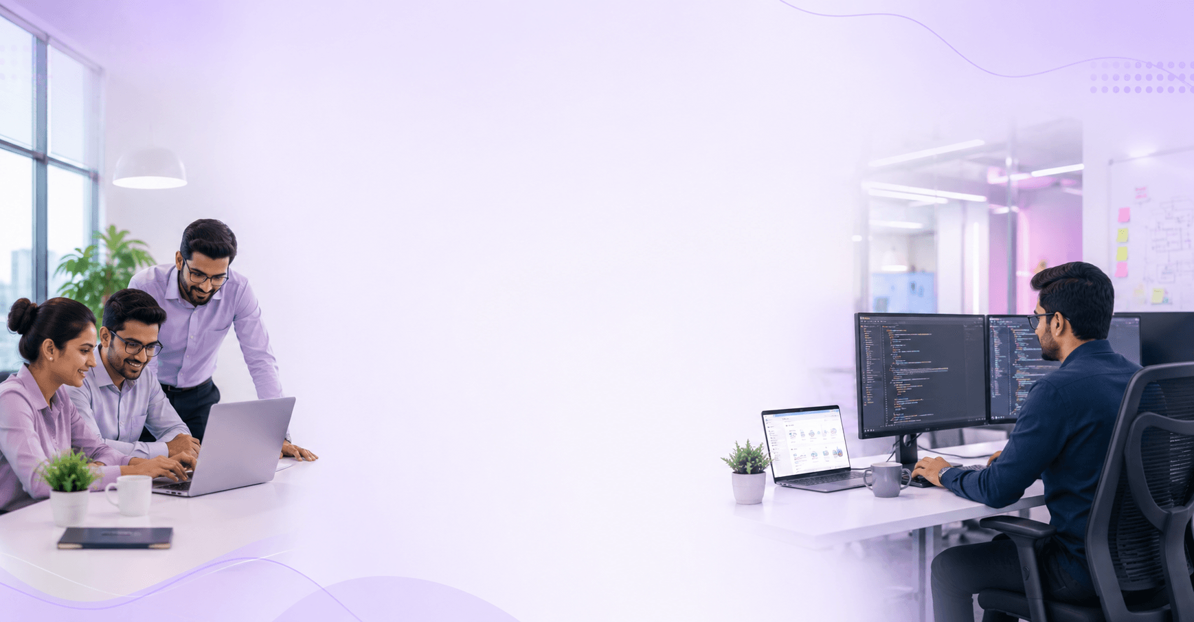 AI2Mind software consulting team collaborating and a developer building a custom application